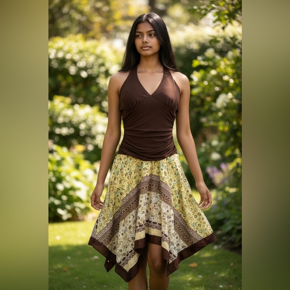 3/$30 ☀️Intrigue Vintage Bohemian Brown Handkerchief Hem Floral Dress Halter